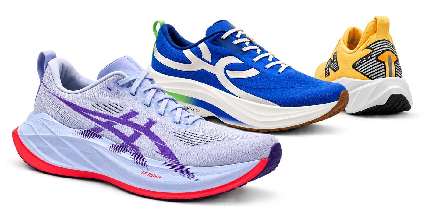 Tênis de corrida ASICS Superblast 2, Olympikus Corre Turbo e New Balance Rebel v5 em uma composição para o questionário
